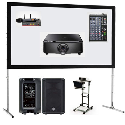 Beamer & Leinwand & Ton  Faltrahmenleinwand, 320 x 180 cm (144") Beamer 4000 Ansi Lumen Lautsprecher - Yamaha 10“ Mischpult - LD Lax 6 Funkmikrofon Beamerwagen/Laptopstand